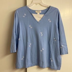 Blue sweater with dragonflies embroidered and embellished with gems
